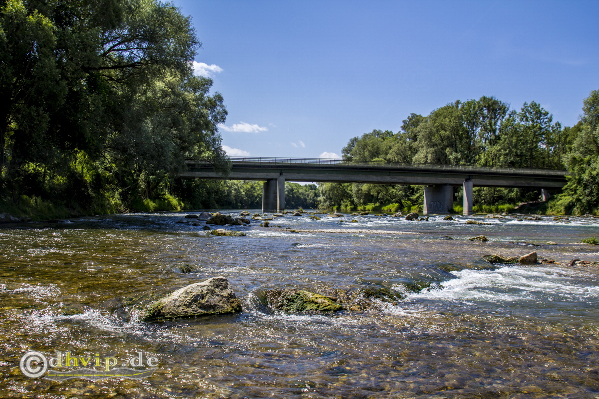 Panorama picture of a brigde between Garching and Ismaning (Germany) across the river Isar. Picture available for sale in the shop.